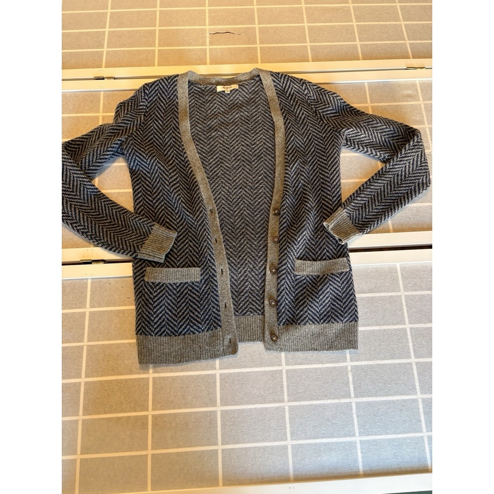 Madewell Size XS Blue Herringbone 100% Merino Wool Grandpa Academia Cardigan
